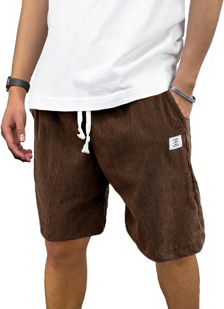 Men's Shorts Casual Corduroy Drawstring Elastic Waist Summer Beach Shorts for Men Loose Fit