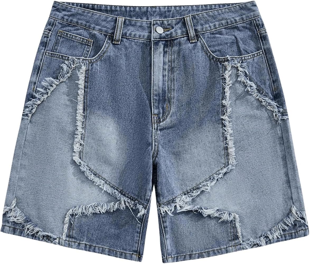 WDIRARA Men's Frayed Raw Hem Denim Shorts Casual Summer Shorts with Pockets