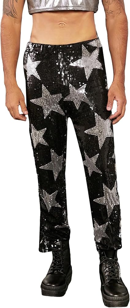 WDIRARA Men's Stars Graphic Printed Sparkle Sequins Elastic High Waisted Party Pants