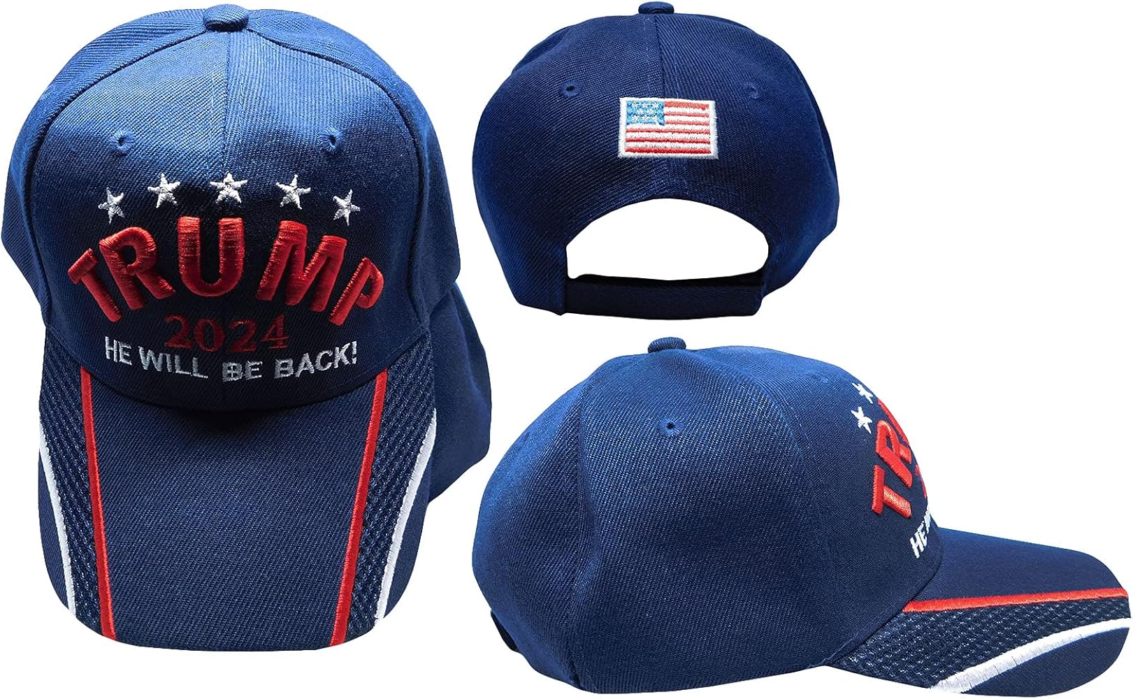 Trump 2024 He Will Be Back! Navy Blue 100% Polyester Adjustable Embroidered Baseball Cap Hat