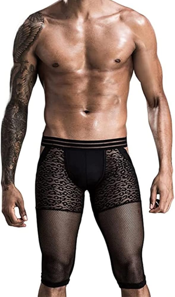 Men Sexy Butt-Flaunting Long Boxer Underwear Low Rise Black Leopard Bottomless Gay Underpants Backless Men Knee-Length Leggings with Breathable Mesh Lace