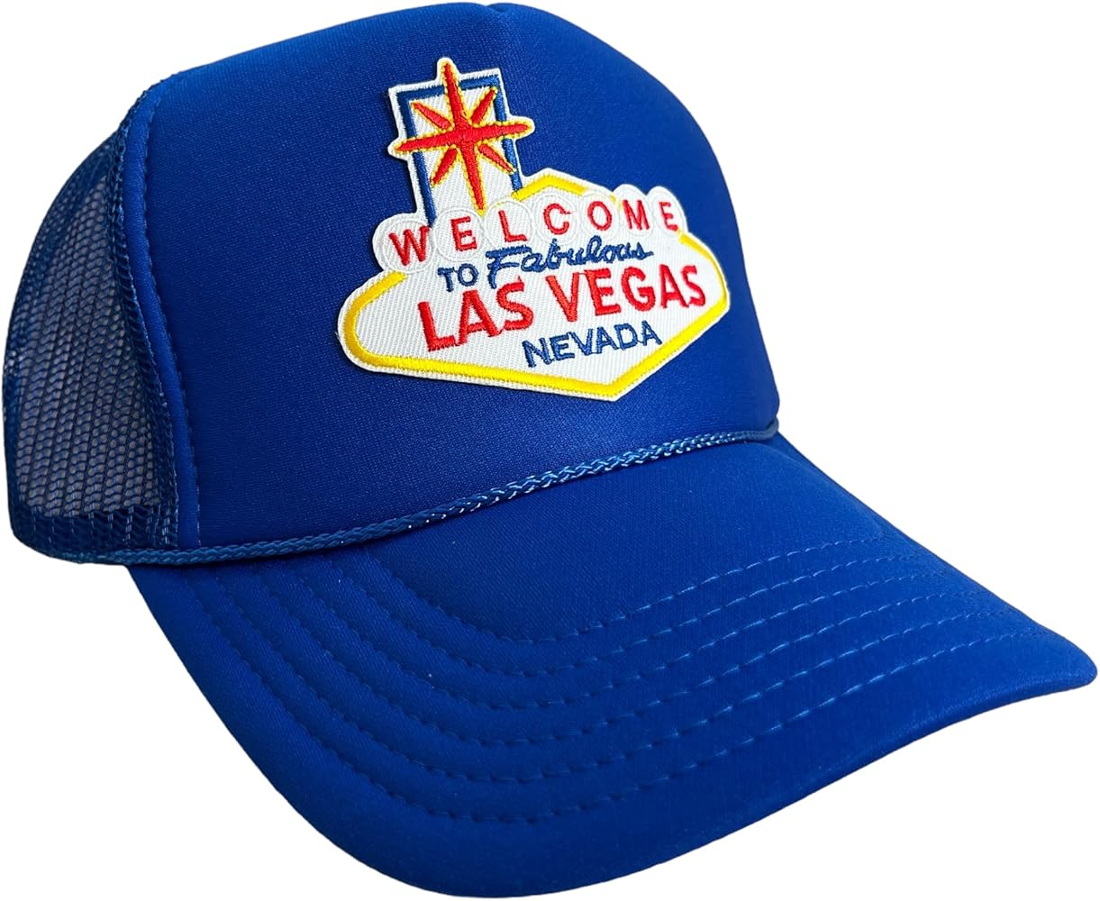 Welcome to Las Vegas Royal Blue 5 Panel Trucker Hat Mesh back Adult Size High Crown