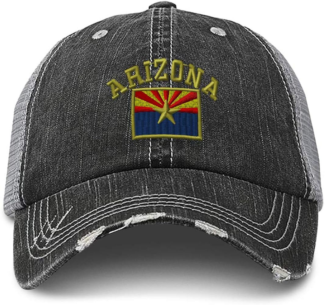 Distressed Trucker Hat Arizona State Flag Letters Embroidery for Men & Women Black Gray