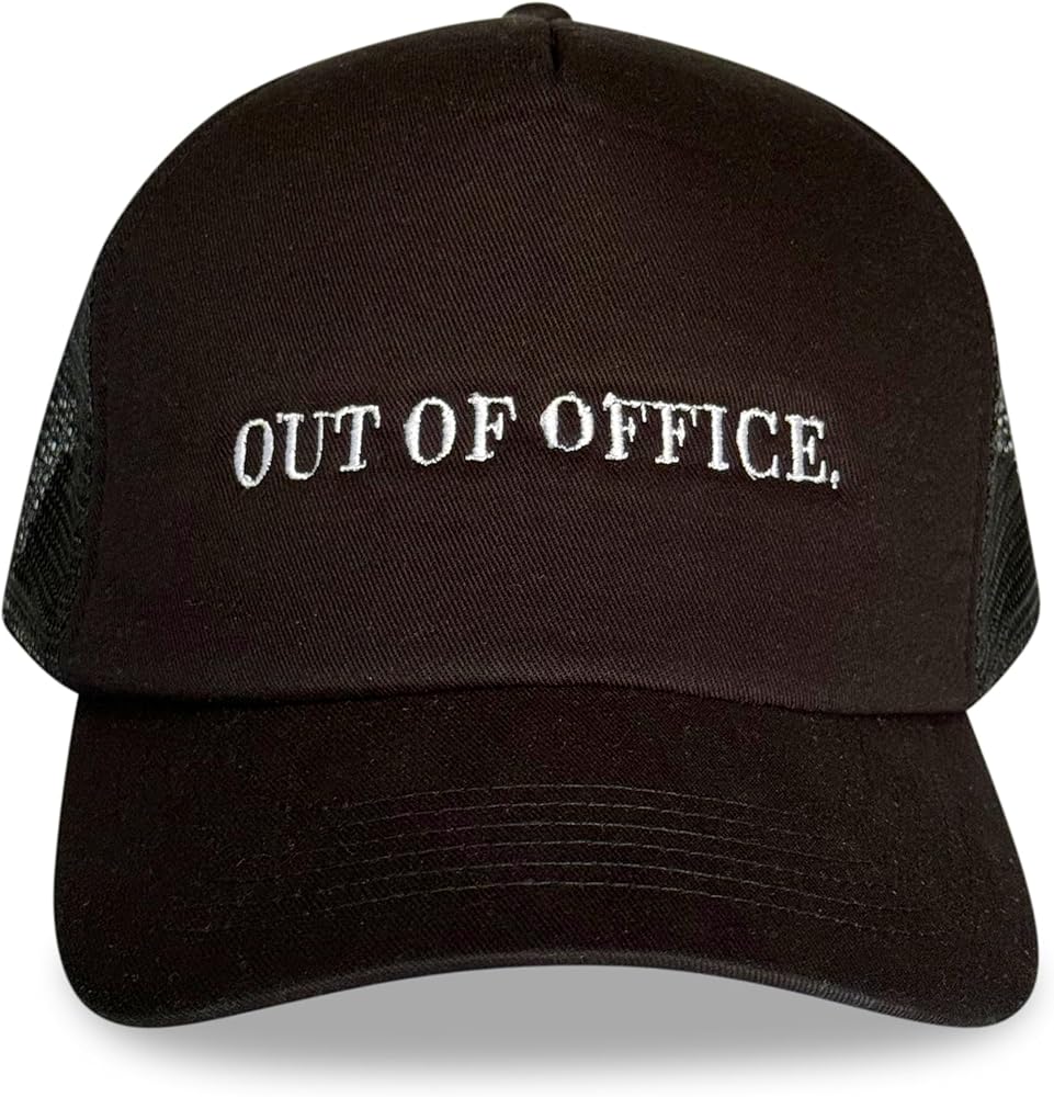 Out of Office Black 5 Panel Trucker Hat with White Embroidery | Perfect for Long Walks, Days on The Beach, Dressing Up an Outfit, Wearing On A Fun Sunday Out