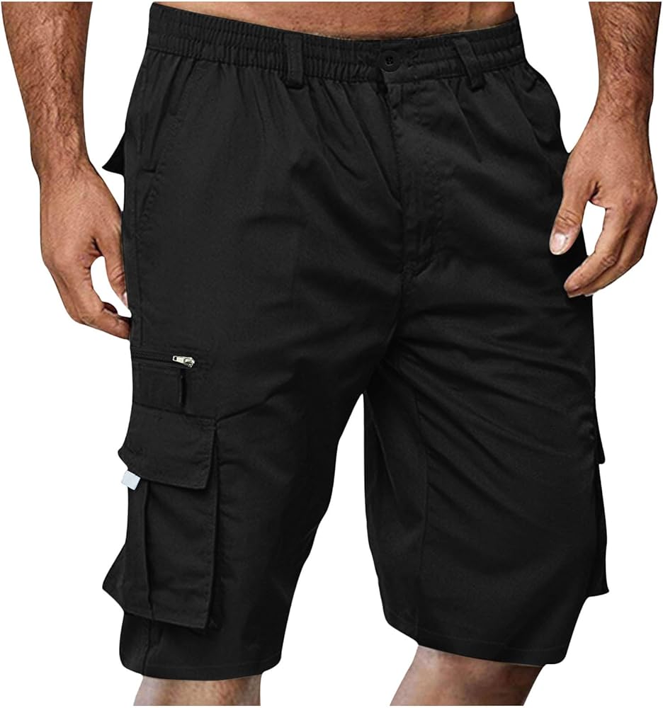 Men's Cargo Shorts 2024 Fall Casual Elastic Waist Bermuda Shorts Loose Fit Outdoor Hiking Work Shorts with Pockets