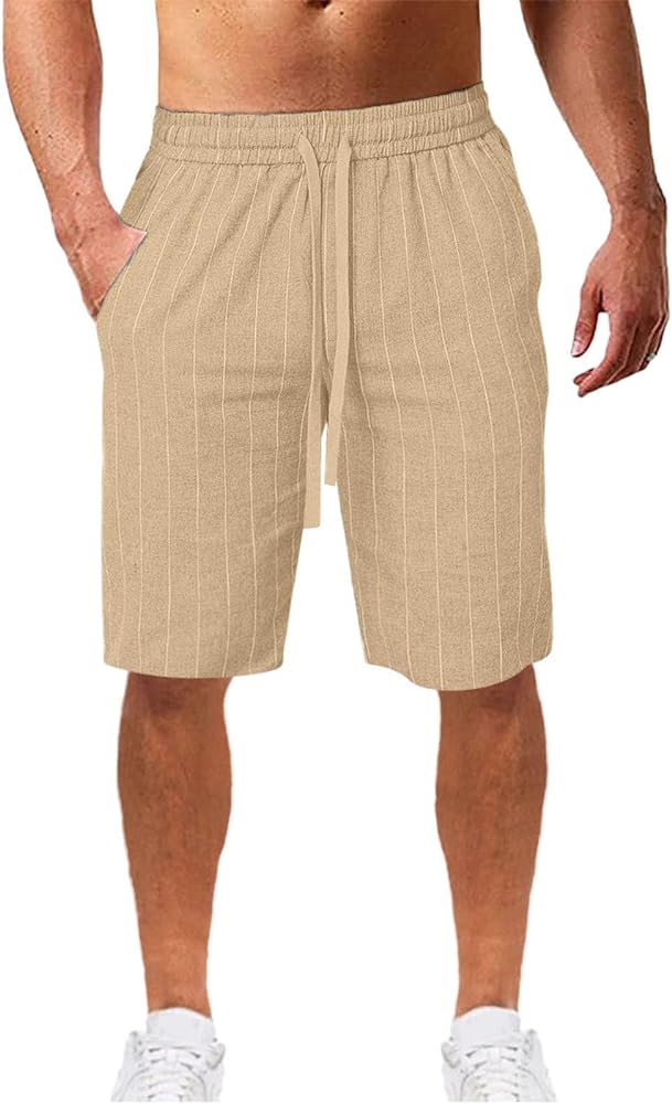 Mens Linen Shorts Casual Classic Fit Stripe Drawstring Summer Beach Shorts with Elastic Waist and Pockets