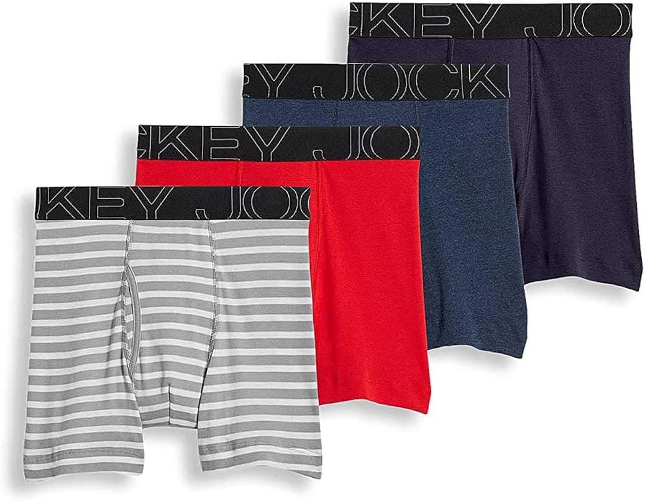 Jockey Men's Underwear ActiveBlend 5" Boxer Brief - 4 Pack, Quartz Grey Stripe/Rough Sea Blue/Racing Red/Navy Heather, L