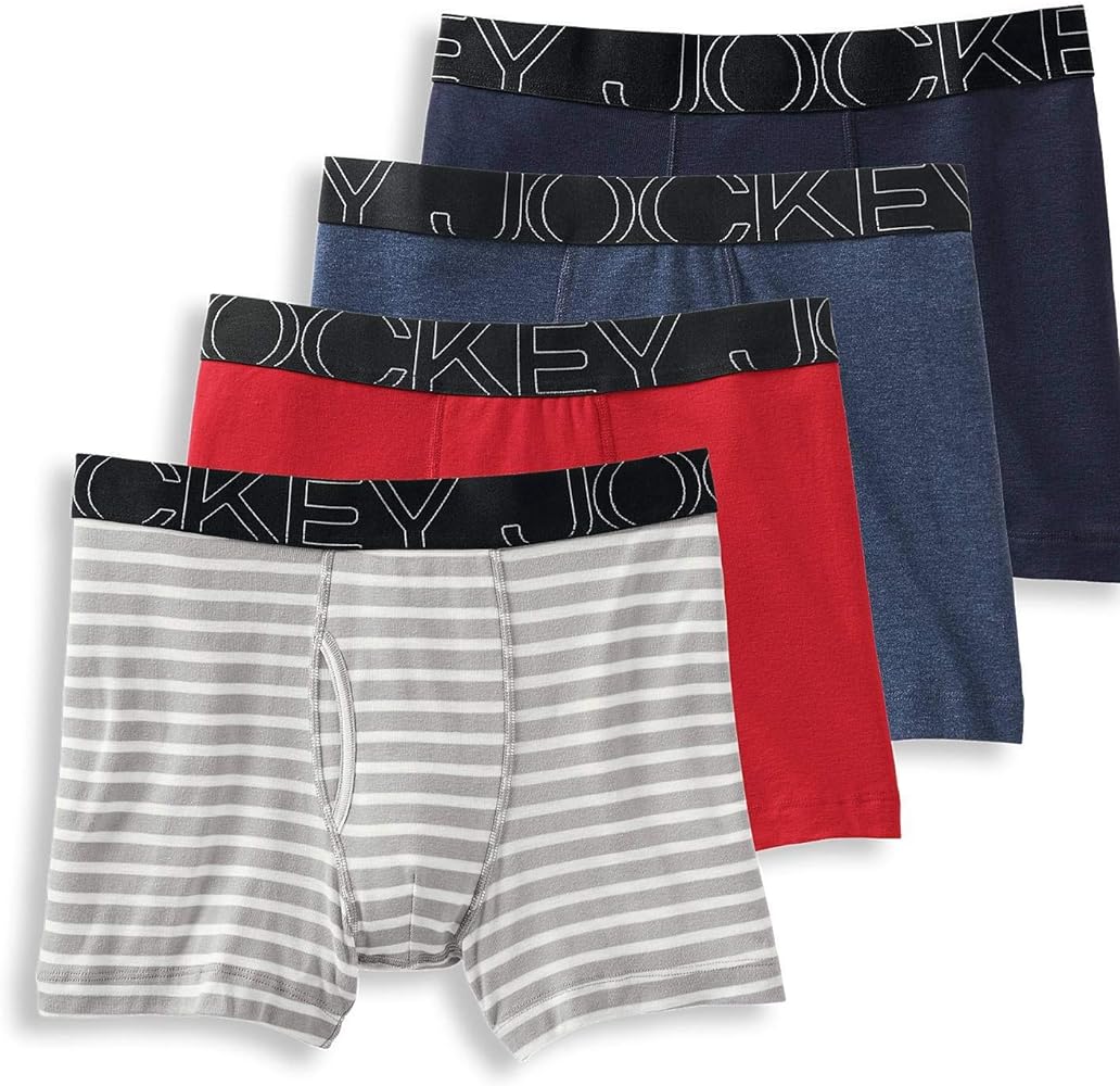 Jockey Men's Underwear ActiveBlend Boxer Brief - 4 Pack, Grey Stripe/Rough Blue/Racing Red/Navy Heather, S