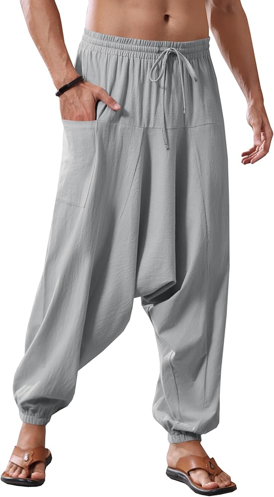 Runcati Mens Harem Pants Baggy Hippie Casual Cottn Linen Loose Boho Yoga Beach Drop Crotch Trouser