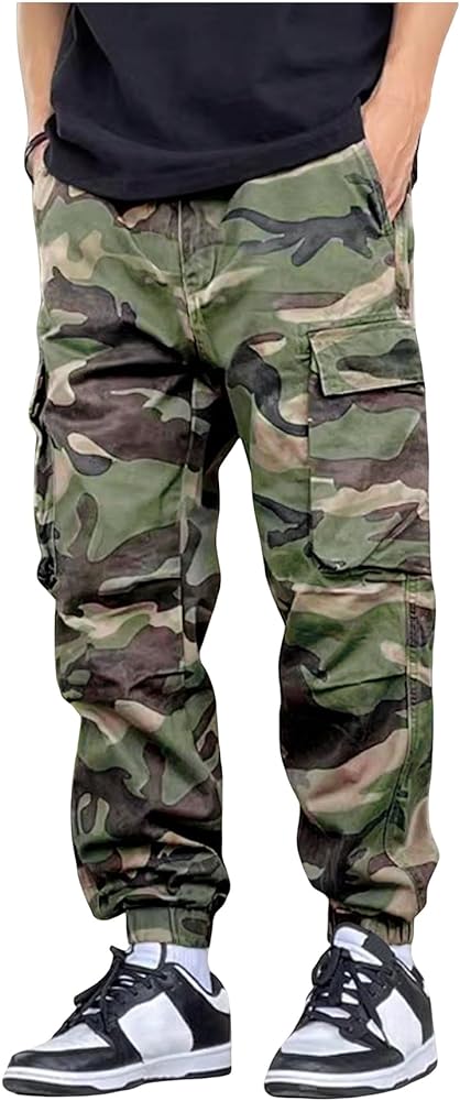 OYOANGLE Men's Camo Print Drawstring Elastic Waist Jogger Pants FLA Pocket Cargo Pants