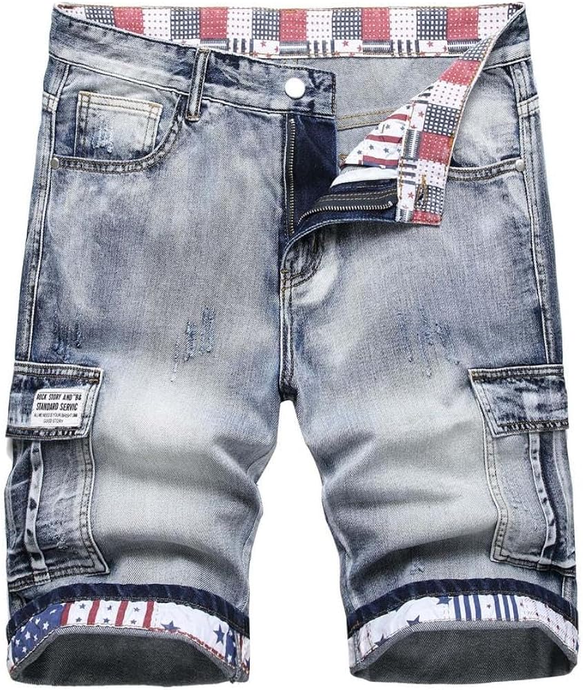 2024 Ripped Jeans Teens Multi Pockets Denim Shorts for Men Casual Waist Comfort Shorts Jeans Party Holiday Daily Pants