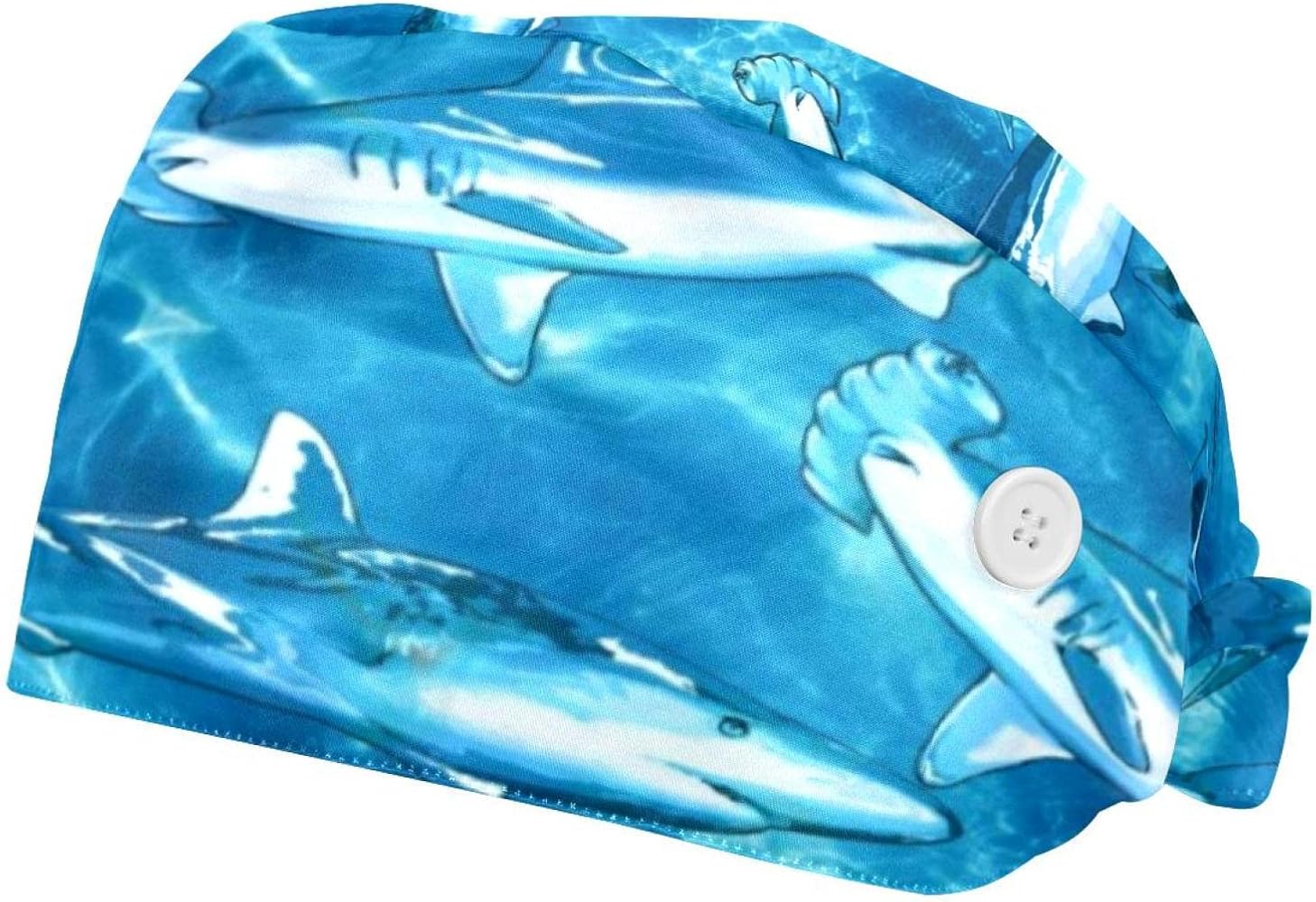 2 Pcs Adjustable Working Cap with Button, sharks pattern Surgical Cap Sweatband, Tie Back Hats