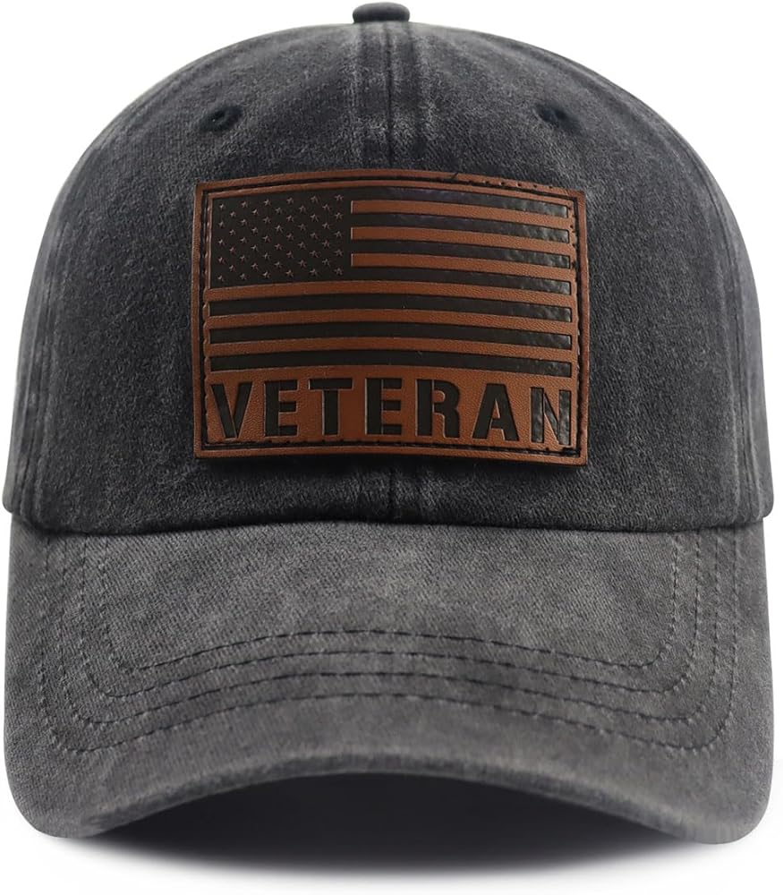 American Flag Veteran Hat for Men Women, Adjustable Cotton Leather Patch Army Military Patriotic Baseball Cap