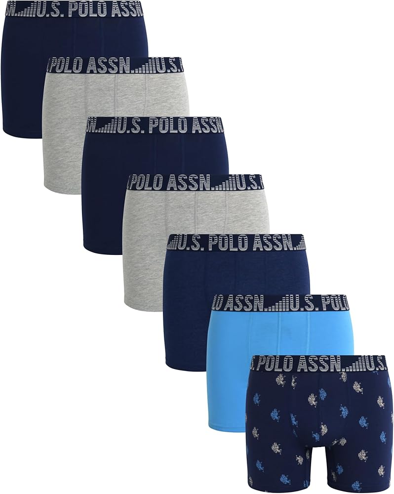 U.S. Polo Assn. Men's Underwear - Casual Stretch Boxer Briefs (7 Pack), Size Medium, Medieval BlueBlue PrintAzureHeather Grey