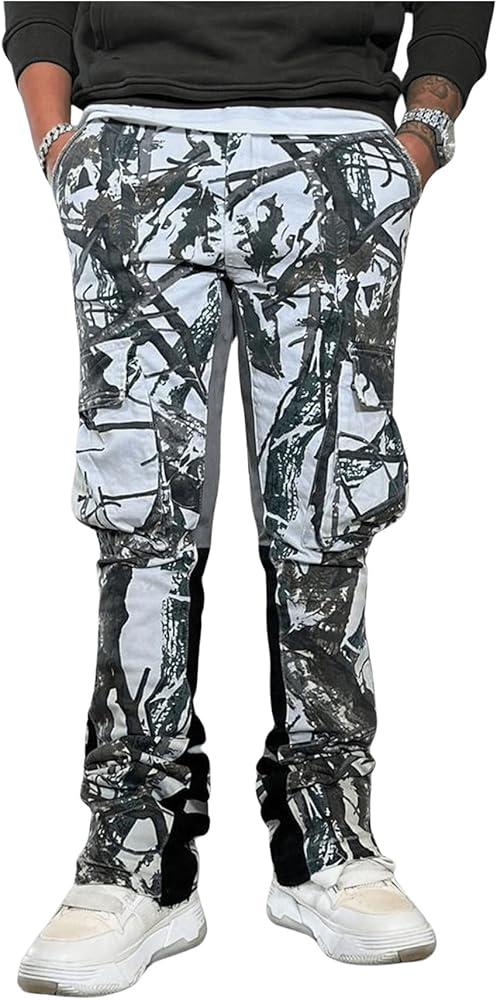 GORGLITTER Men's Graphic Cargo Pants Drawstring Waist Hiking Outdoor Stacked Sweatpants Streetwear Pants