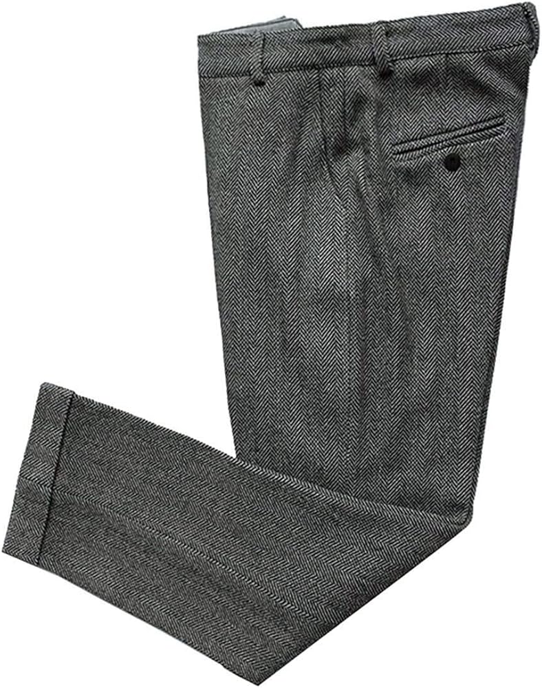 Mens Pants Tweed Wool Herringbone Classic Trousers Thick Retro Suit Pant