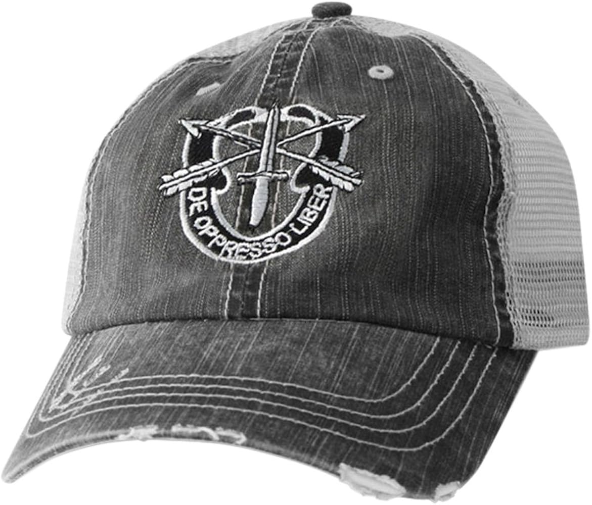 Special Forces Hat-Distressed Black Mesh Ball Cap