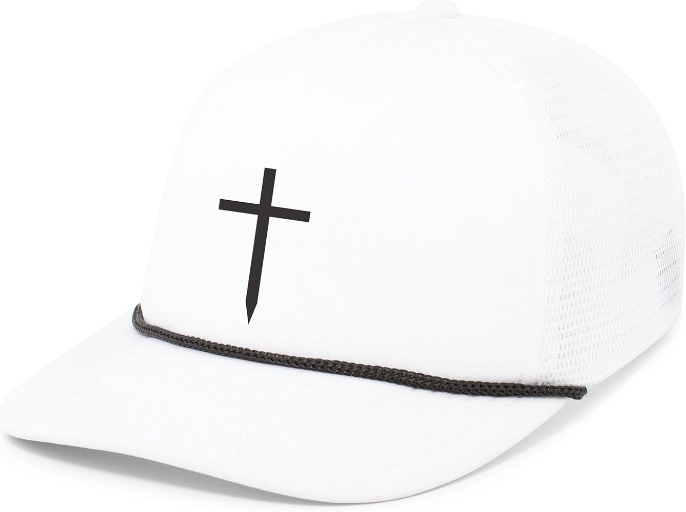 Mens Christian Cross Embroidered Rope Hat Foam Front Mesh Back Trucker Hat