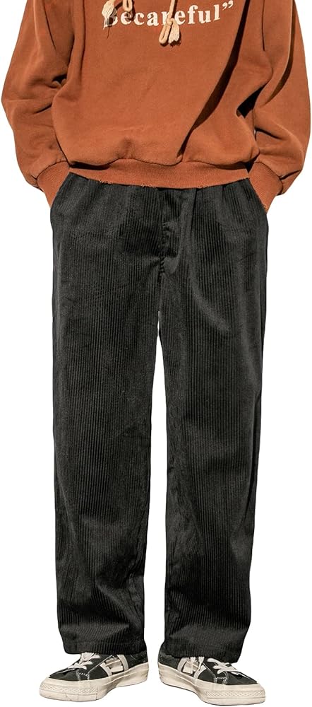 WDIRARA Men's High Waist Corduroy Wide Leg Pants Casual Pants with Pockets