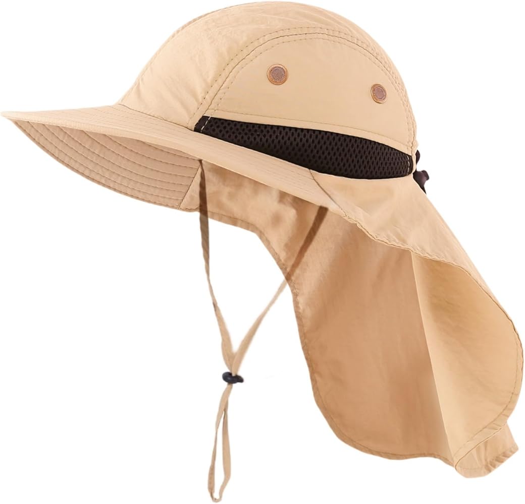 LLmoway Mens Mesh Flap Sun Hat UPF50+ Wide Brim Breathable Outdoor Fishing Cap