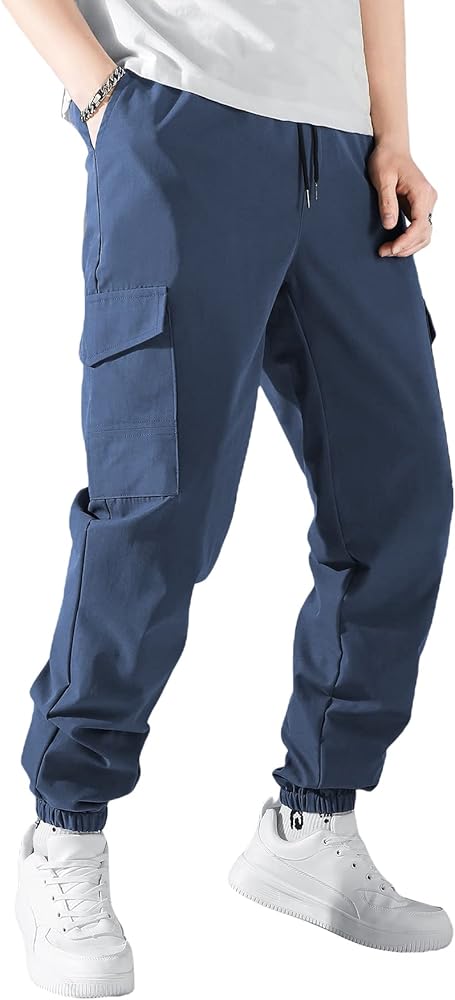 OYOANGLE Men's Casual Drawstring Elastic Waist Cargo Pants Flap Pocket Street Trousers Baggy Jogger