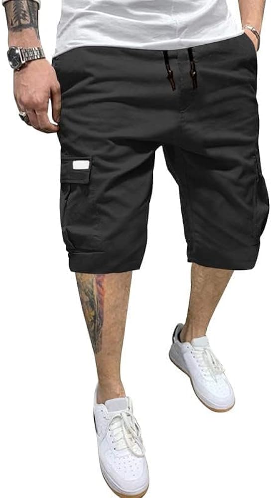 BUXKR Mens Shorts Flap Pockets Drawstring Cargo Shorts with Multi-Pocket Cotton Workout Shorts