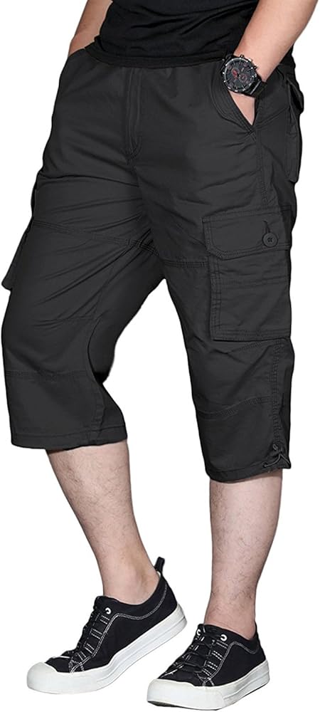 sandbank Men?¡¥s Long Shorts Elastic Waist Cargo Shorts below Knee Capri Pants 6 Pockets