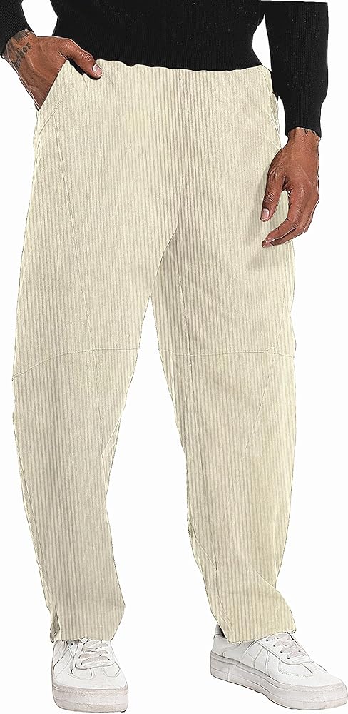 CLANMILUMS Mens Casual Elastic Waist Corduroy Pants Drawstring Loose Fit Pants (30, Apricot)