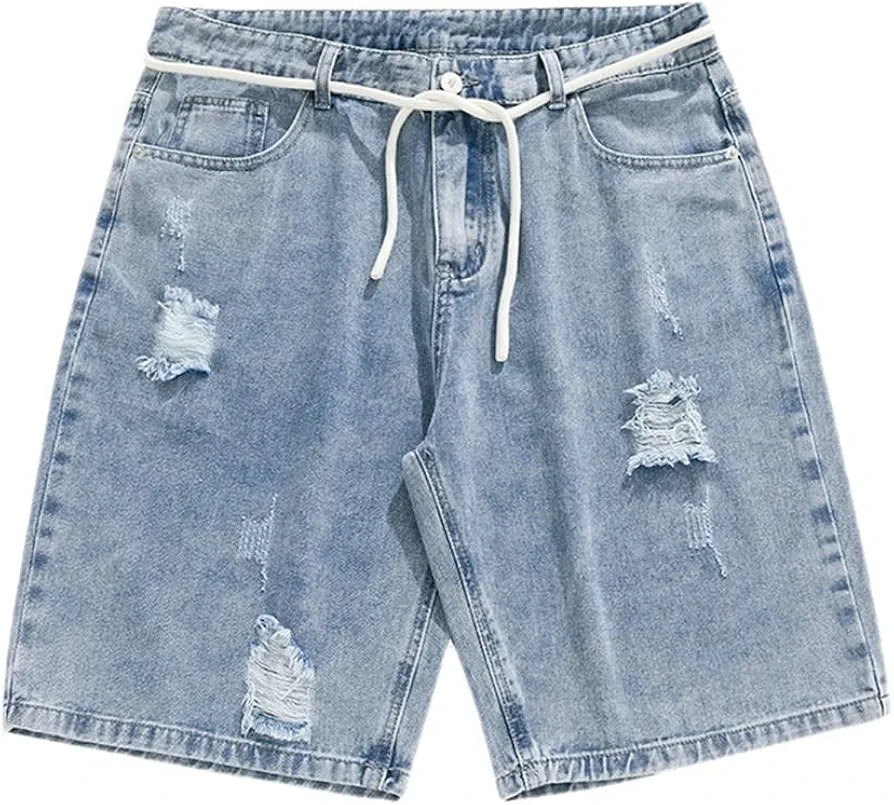 DFHBFG Casual Denim Shorts Loose Fitting Washed Torn Drawstring Shorts Men's Casual Shorts with Pockets(X-Large)