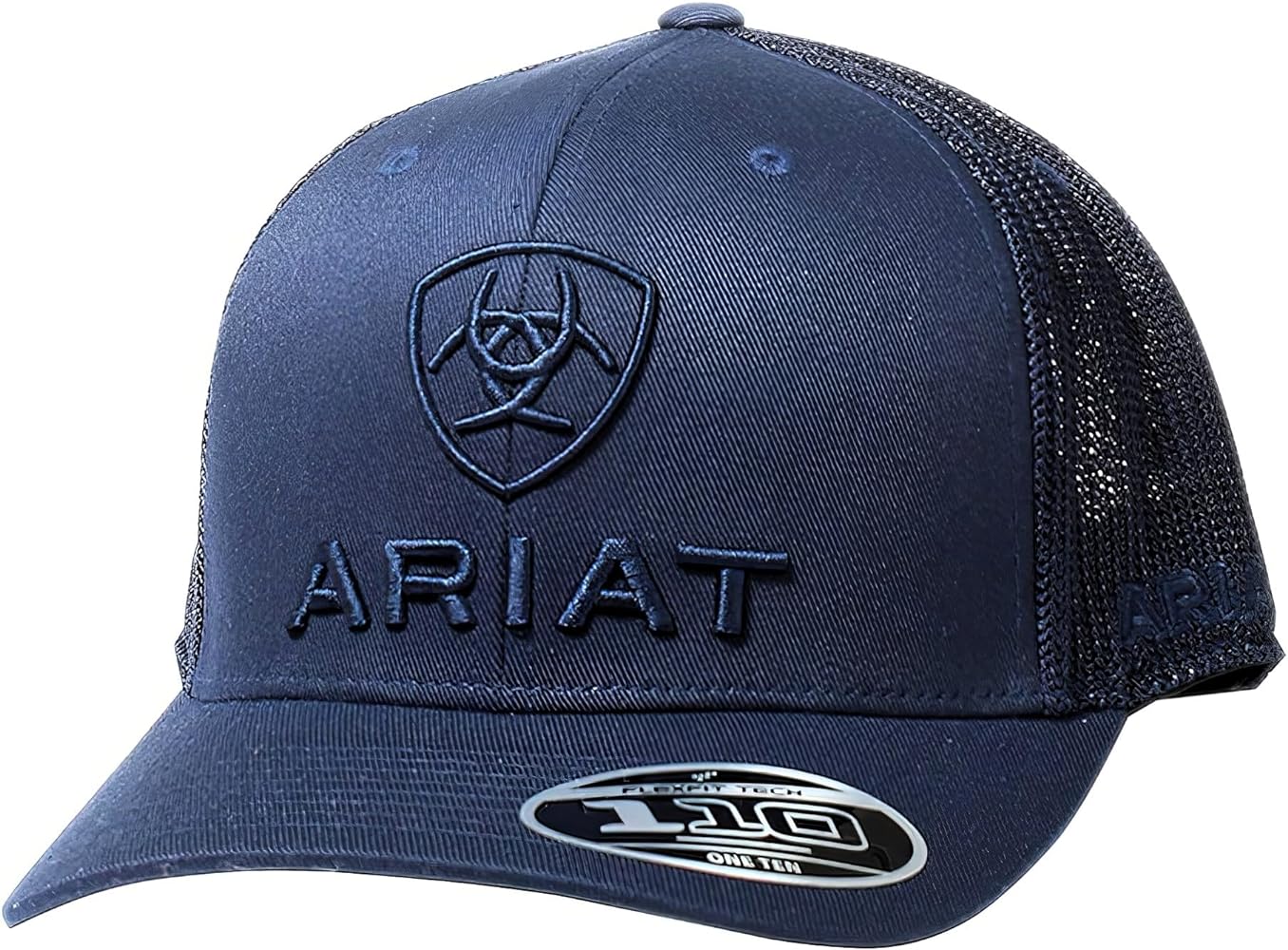 ARIAT Men's Flexfit 110 Snapback Cap, Navy with Structured Logo Front, Mesh Back, Polyester-Cotton Blend