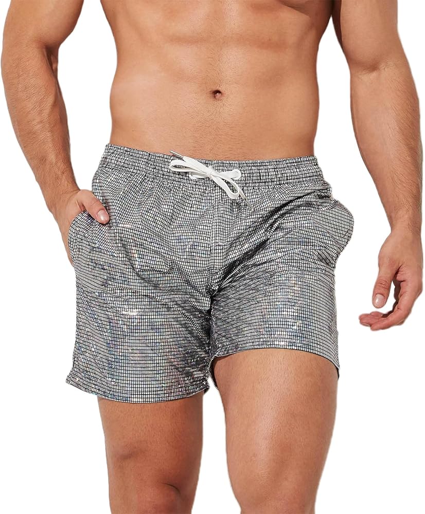 Evankin Mens Sexy Glitter Shorts Shiny Metallic Trunks Sparkly Panties with Pockets and Drawstrings for Rave Hot Party