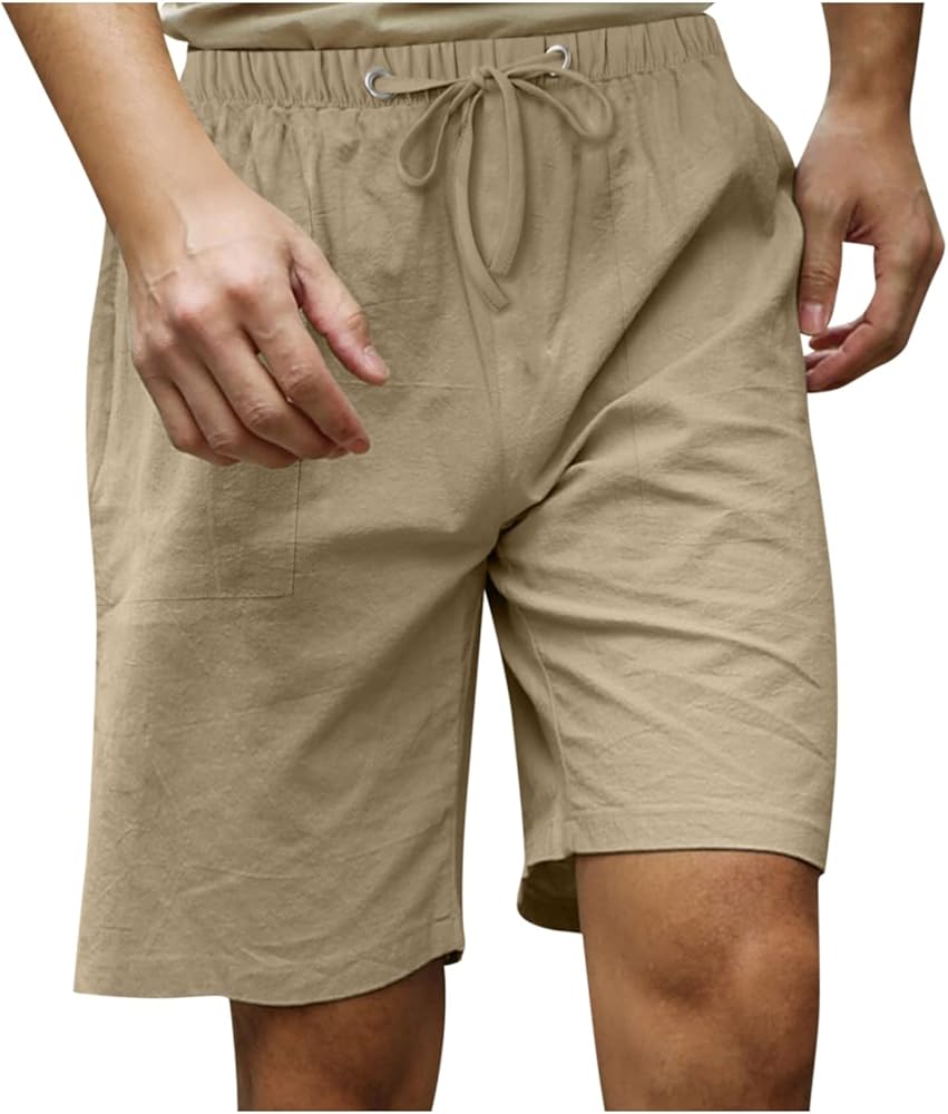 Men's Shorts Fashion Casual Cotton Hemp Drawstring Solid Color Beach Shorts Pants Casual, M-5XL