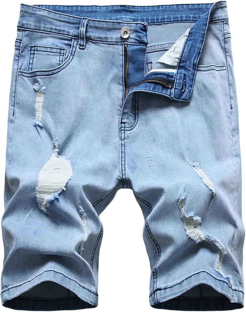 Men's Straight Denim Shorts Ripped Slim Fit Jean Short Washed Distressed Mid Waist Pockets Casual Summer Jeans Short (Light blue,Large)