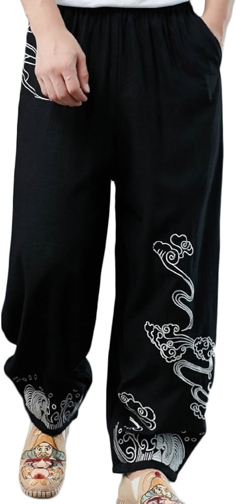 Men's Chino Relaxed-Fit Jogger Pants Cotton Linen Casual Elastic Waist Tapered Trousers with Embroidery Black