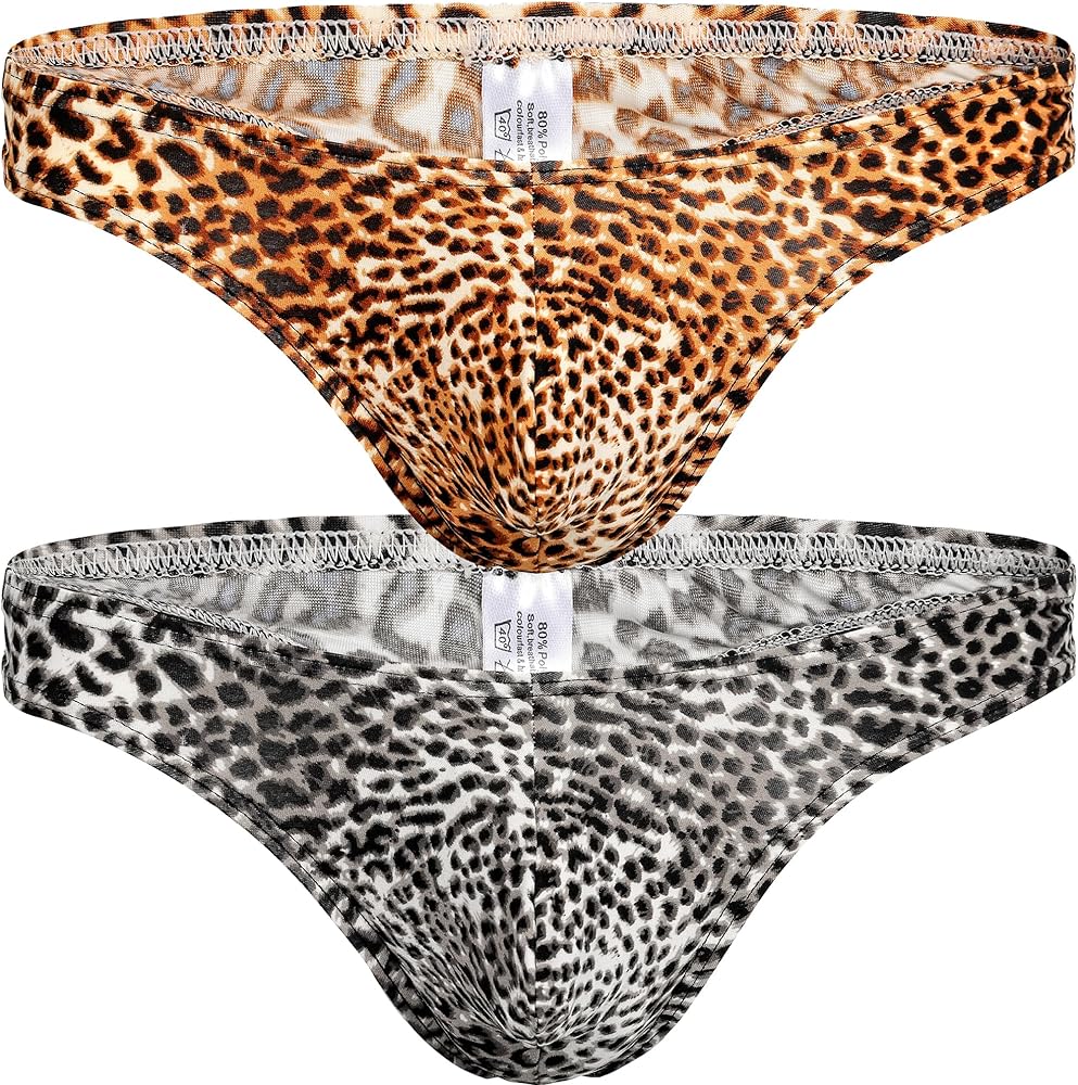 QiaTi Men's Leopard Thong Underwear Bikini Low Rise G-String Lingerie Sexy Briefs