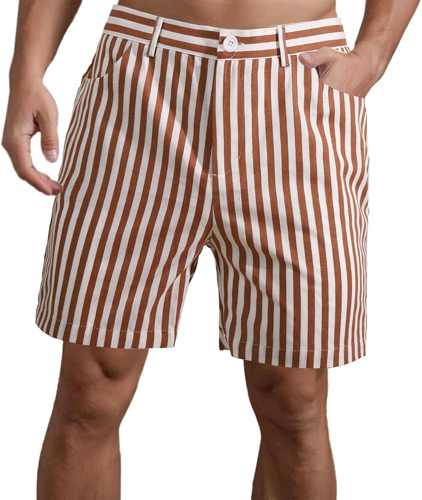 Men's Casual 6" Inseam Shorts Striped Cotton Flat Front Slim Fit Summer Chino Shorts with Pockets