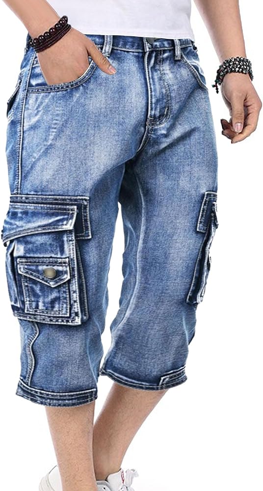 Men's 3/4 Cargo Biker Denim Shorts Side Pockets Summer Stretch Biker Jeans Slim Fit Casual Capri Short Jeans