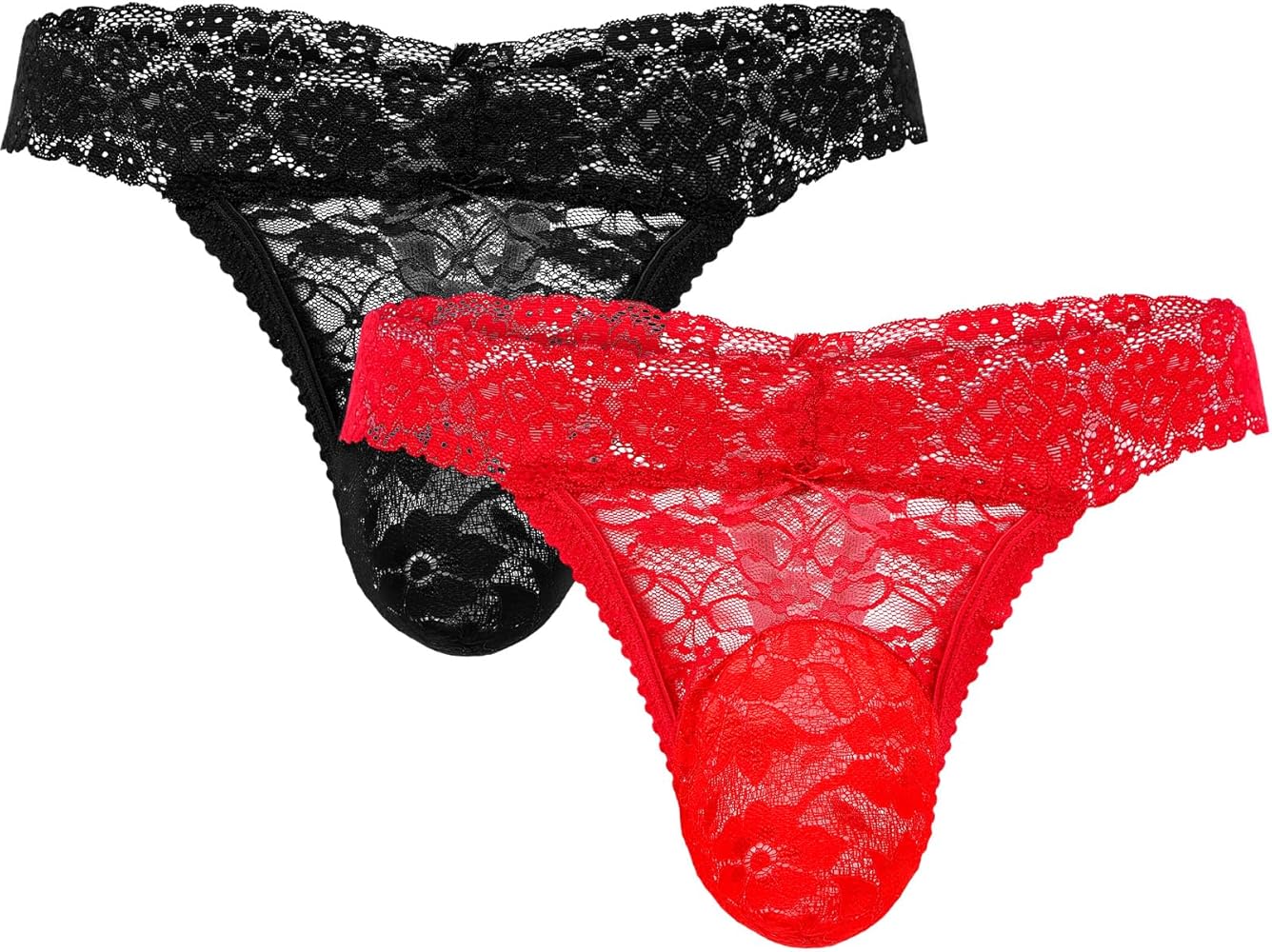 2 Pcs Men's Thong Underwear Lace Frilly Thongs Sheer Mesh Bikini Briefs Sissy G-string Lace Panties Men, Black, Red