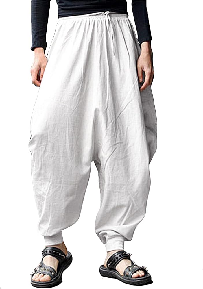 Men's Cotton Linen Pants Casual Trousers Baggy Harem Pants Wide Leg Bat Pants Drawstring Pirate Costume Hippie Clothes