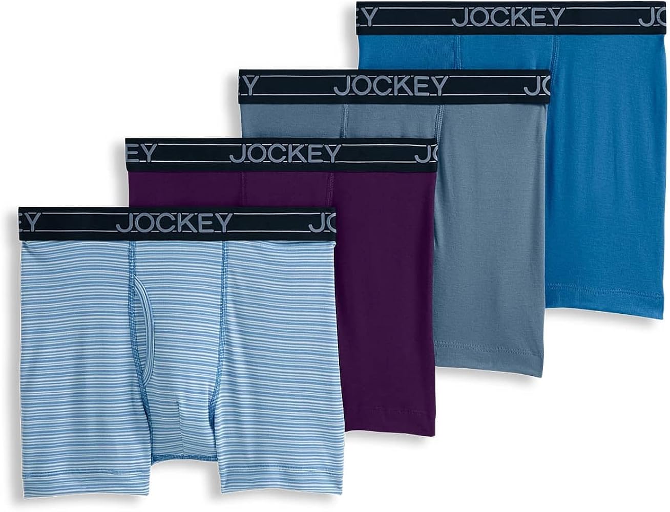 Jockey Men's Underwear Lightweight Cotton Blend 5" Boxer Brief - 4 Pack, Deep Plum/Rough Sea Blue/Simple Stripe/Aged Indigo, 2XL