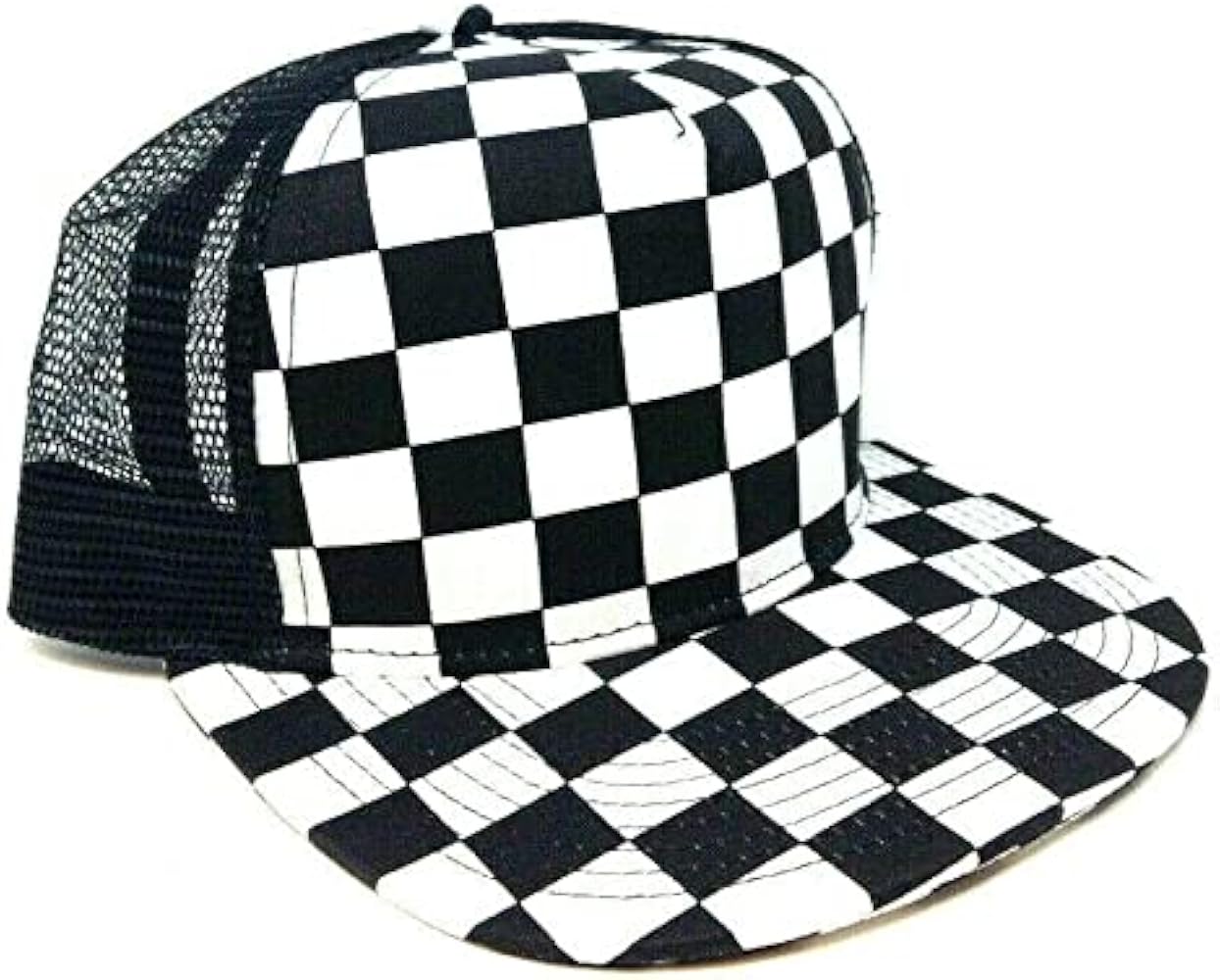 Black & White Checkered Print Flat Bill Adjustable Snapback Hat