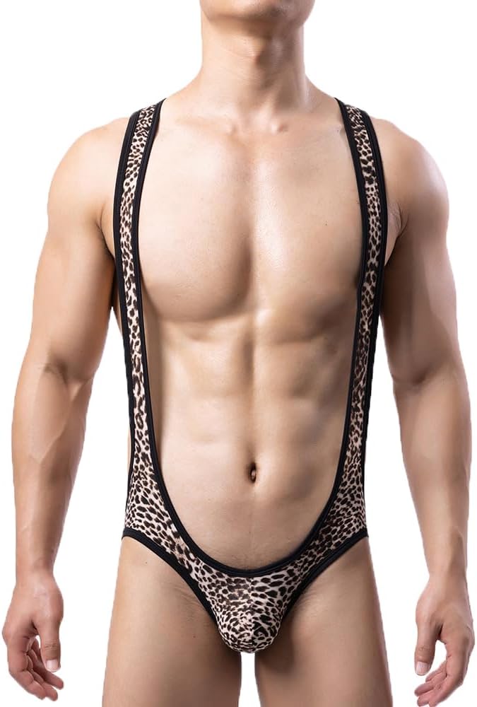 Men's Leopard Bodysuit Briefs Stretch Wrestling Singlet Jumpsuit Leotard Underwear One-piece