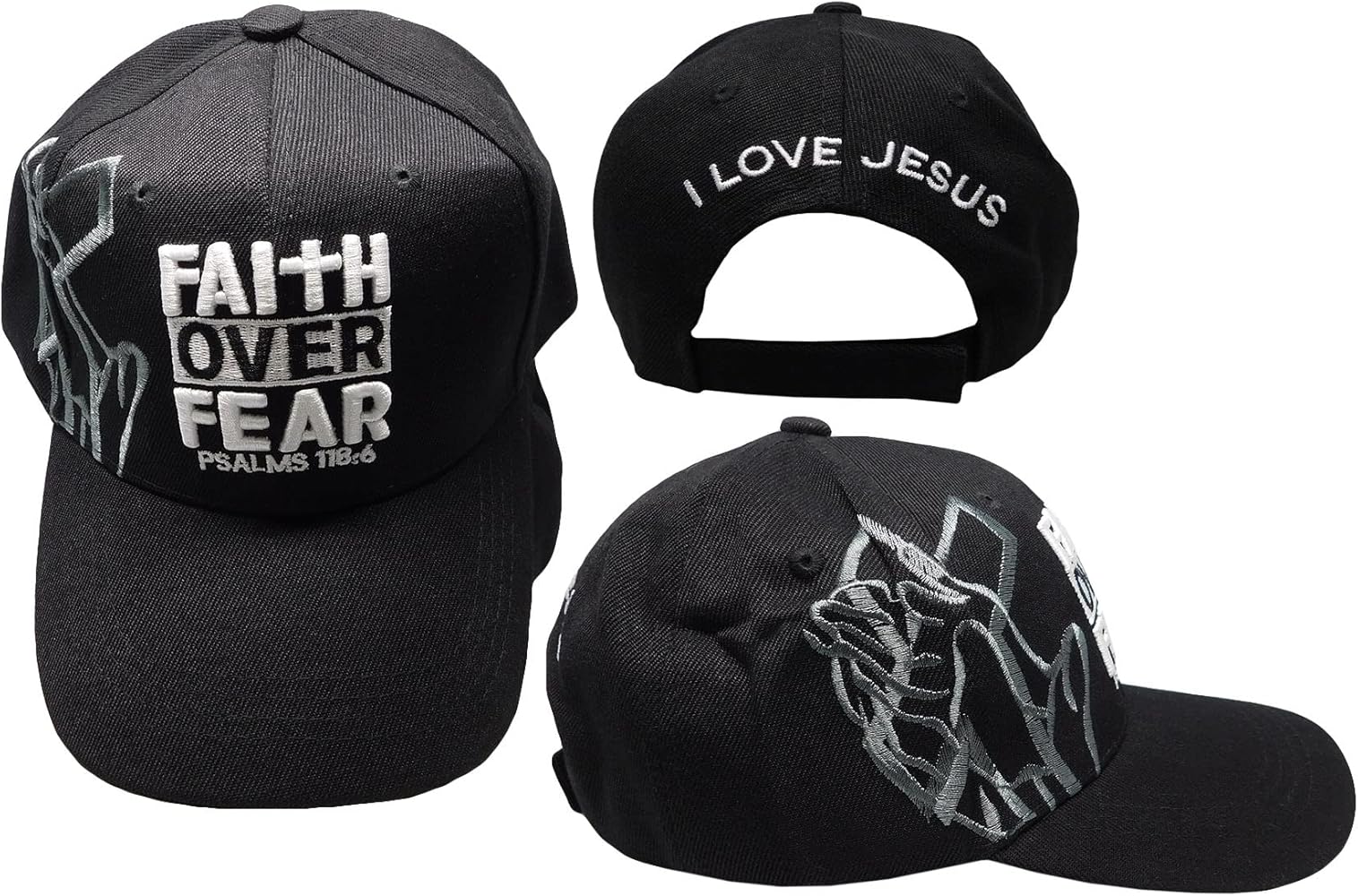 Faith Over Fear Psalms 118:6 I Love Jesus with Grey Gray Shadow Acrylic Adjustable Embroidered Baseball Hat Cap