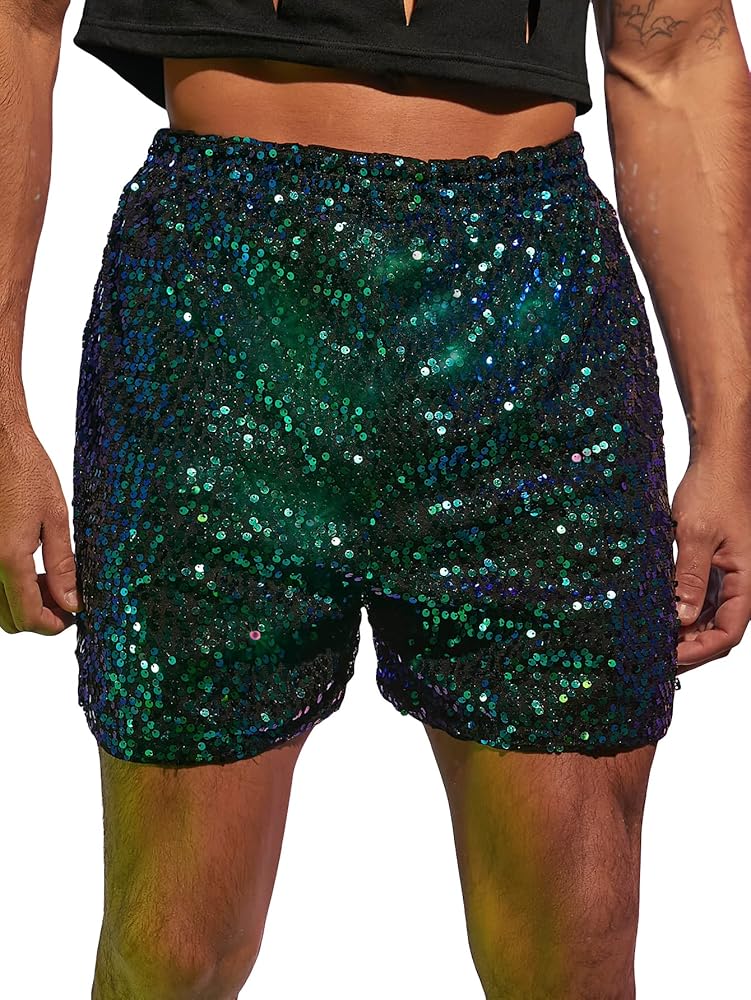 WDIRARA Men's Contrast Sequin Straight Leg Shorts Elastic Waist High Waist Bottoms