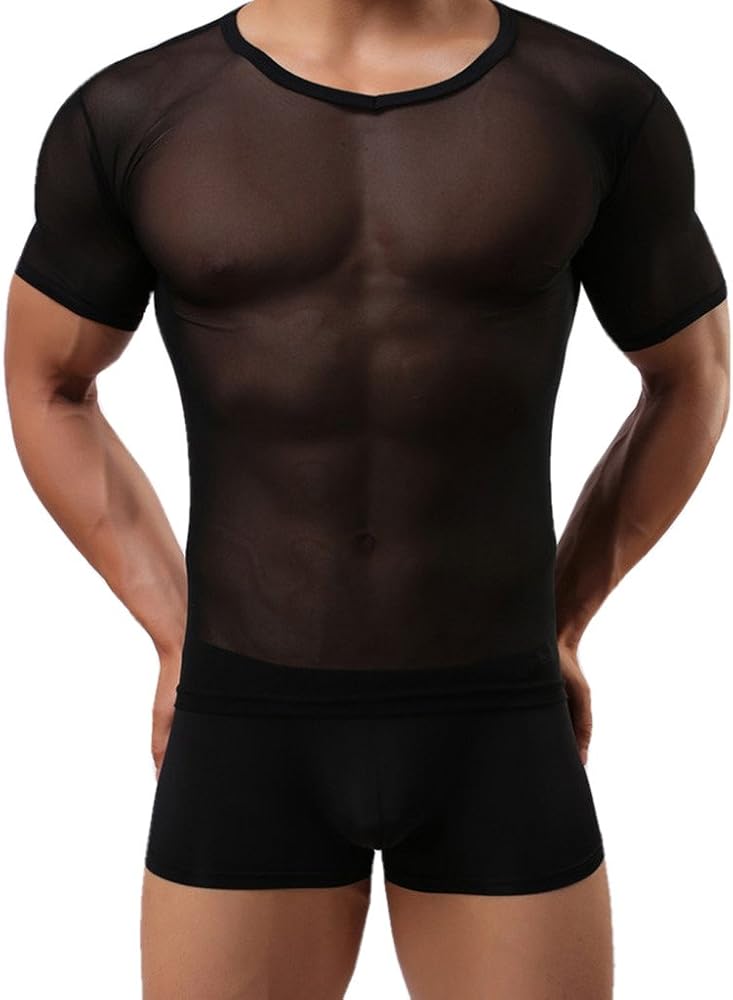 WINDAY Men's Sexy Underwear T-shirt Long Sleeve Mesh Top Undershirt Nightwear