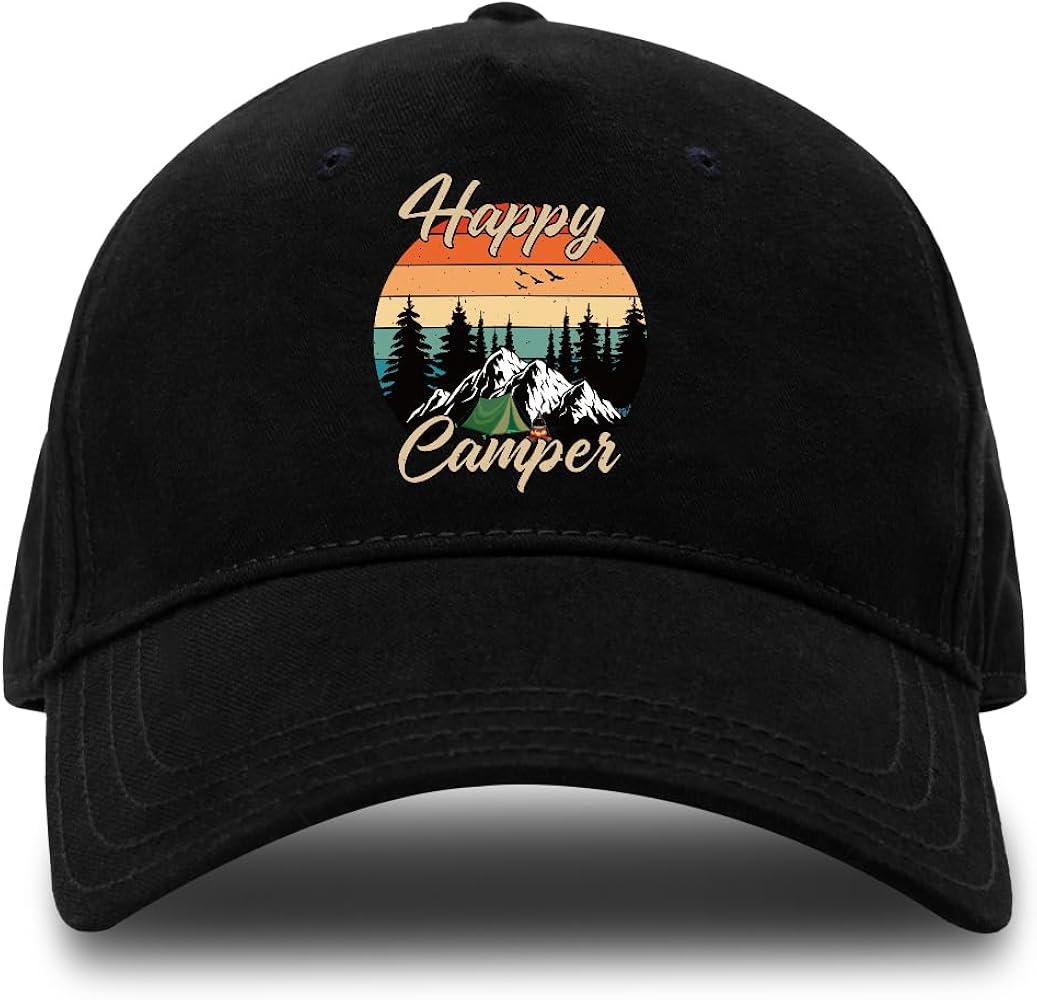 Happy Camper Adjustable Washed Cotton Baseball Cap, Funny Retro Trucker Hat Gift for Men Women Dad Mom Camping Lover