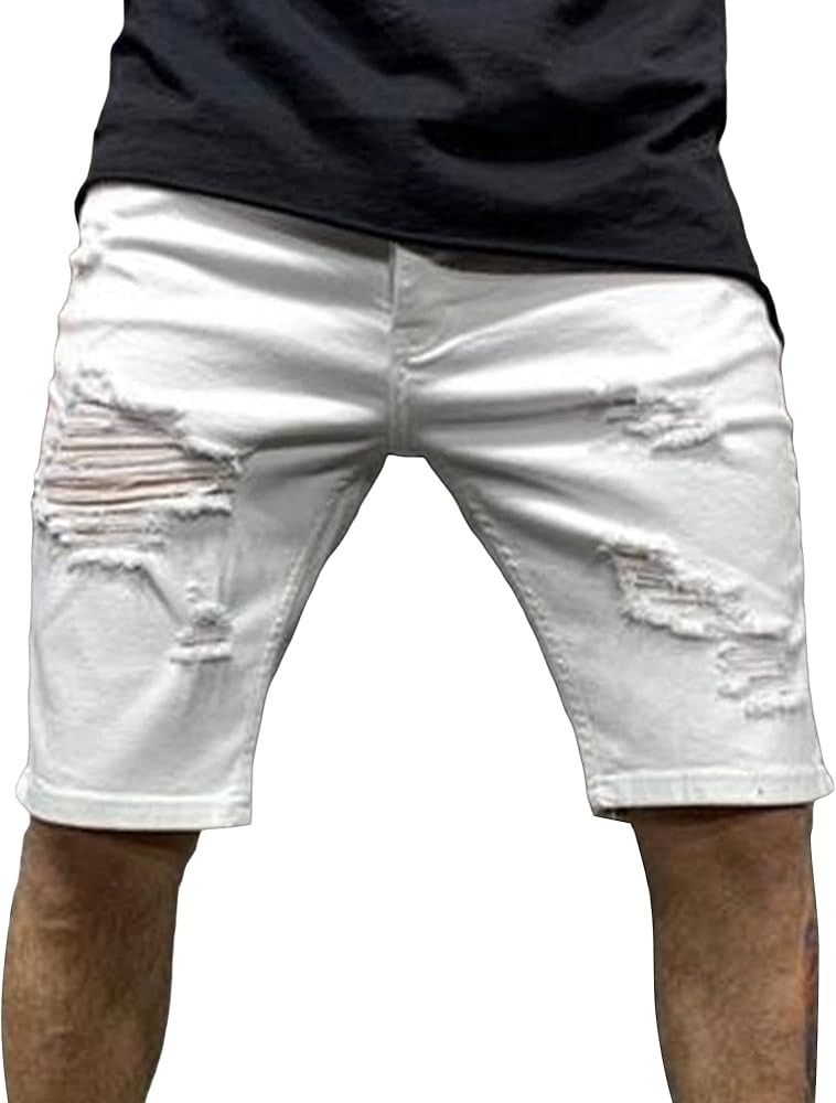 Men's Fashion Ripped Jean Shorts Casual Distressed Denim Shorts Summer Slim Fit Hole Short Pants