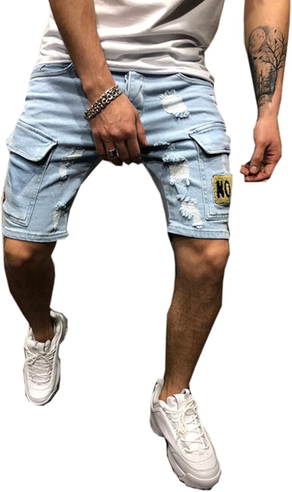 Men's Denim Shorts Jean Short Blue Ripped Hole Distressed Casual