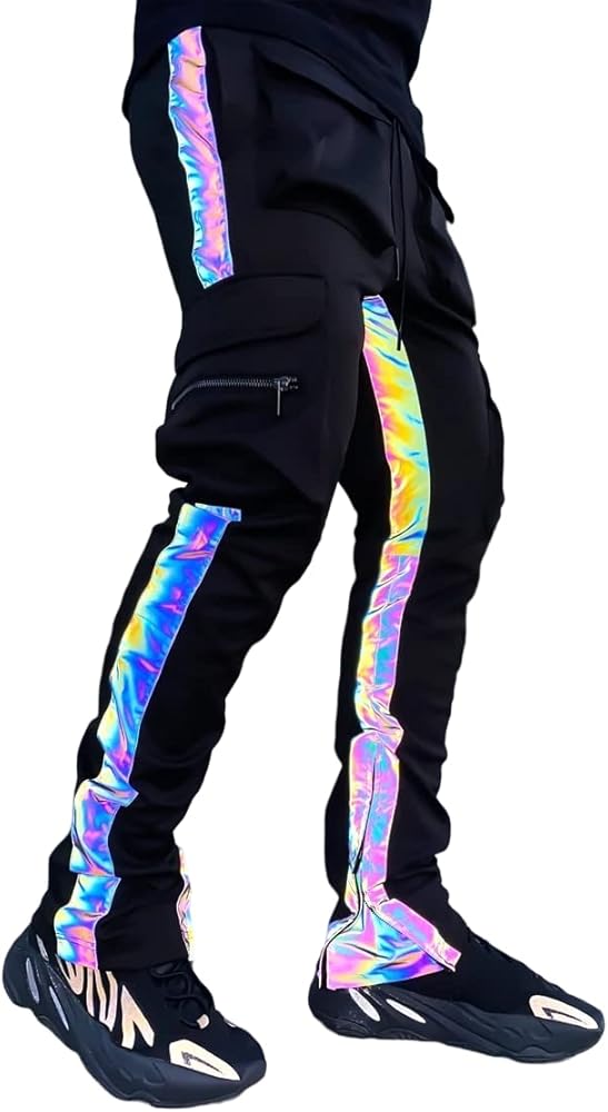 LZLRUN Rainbow Reflective Striped Pants Men Brand Hip Hop Dance Fluorescent Trousers Casual Harajuku Night Sporting Jogger