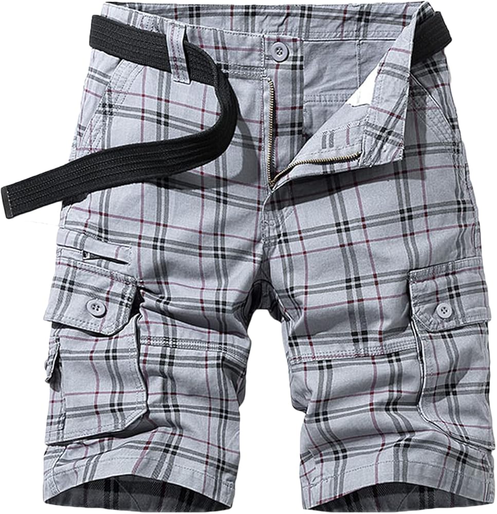 Casual Cargo Plaid Shorts for Men Print Twill Cotton Tactical Work Shorts Stretch Comfor t Summer Outdoor Shorts (Light Grey,32)